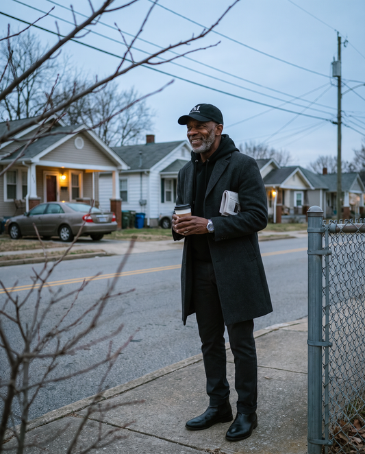Man in a charcoal wool coat at a bus stop at dusk wearing the black Mari'Anna dad cap