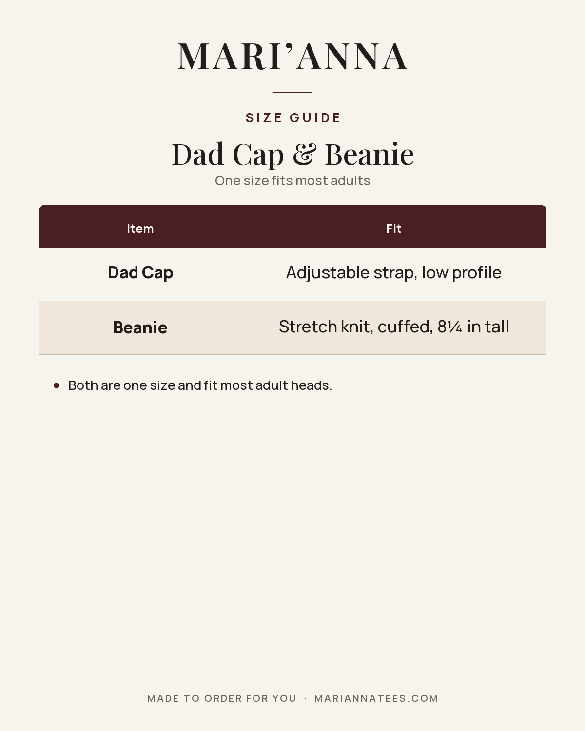 Mari'Anna Dad Cap and Beanie fit guide