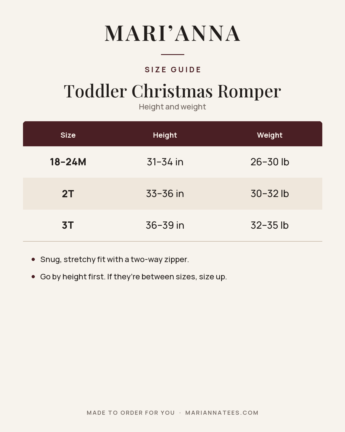Toddler Christmas Romper size guide