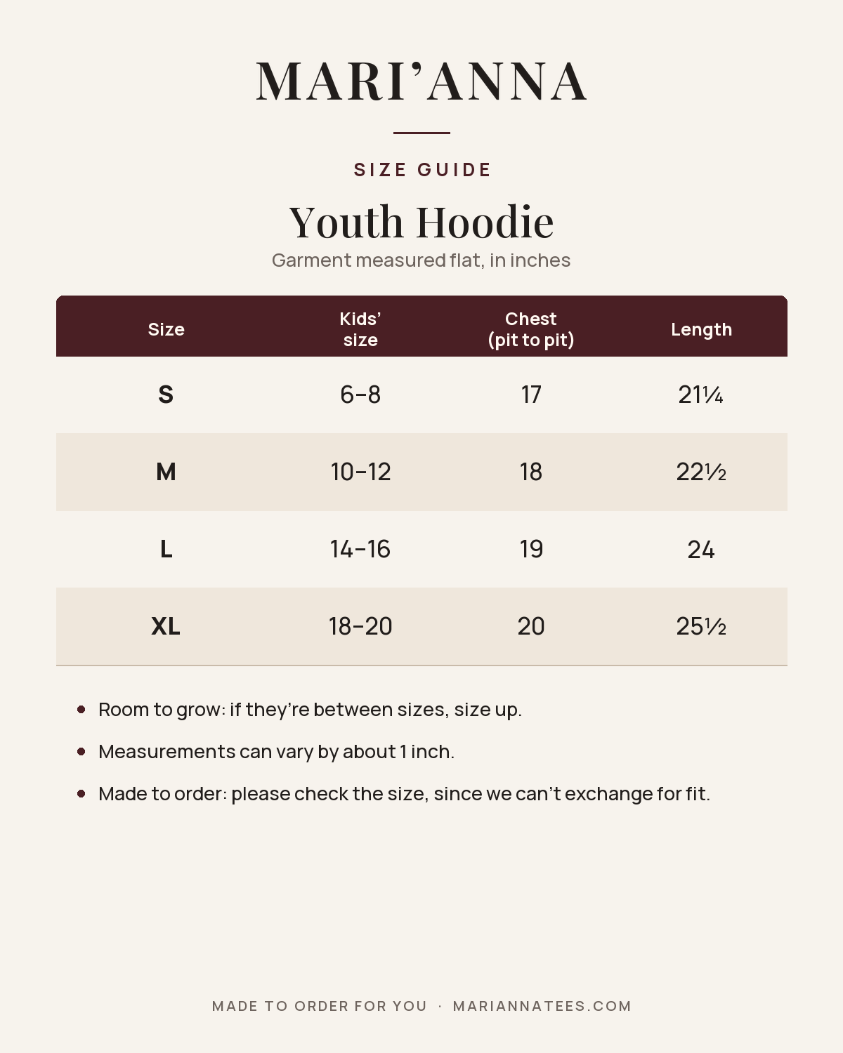 Mari'Anna Youth Hoodie size guide