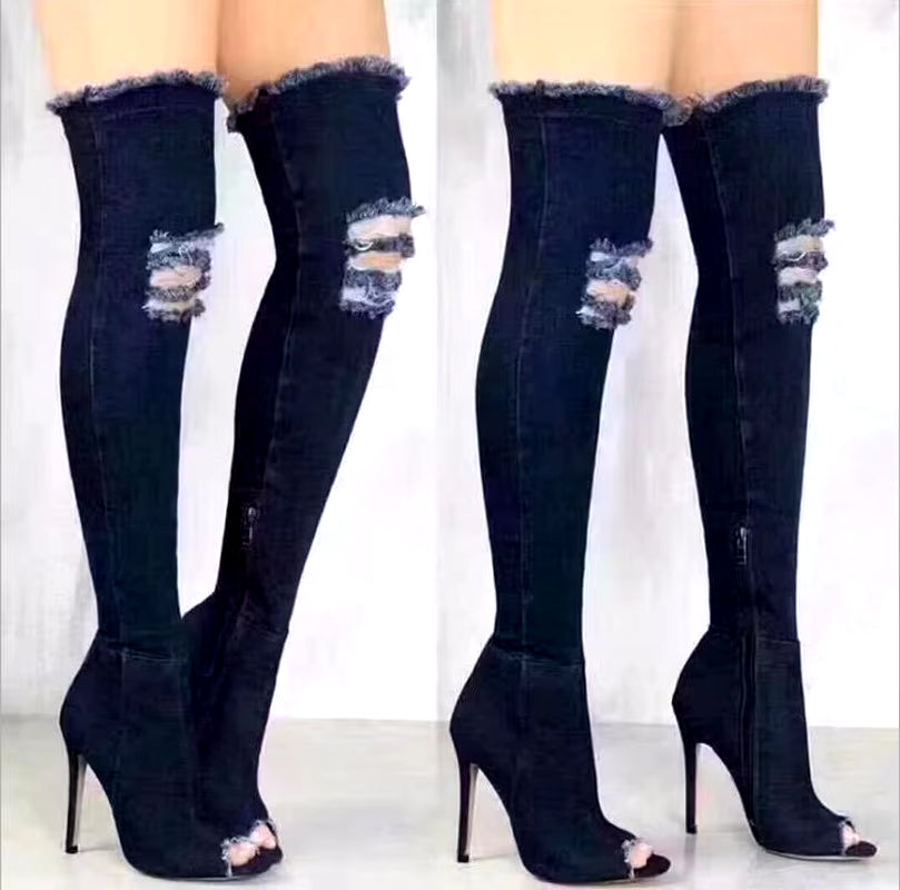 Denim Thigh High Winter Boots 