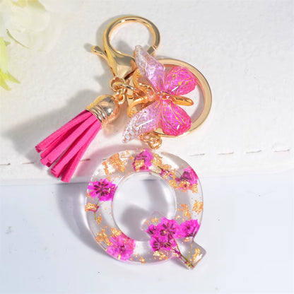 Exquisite Pink Dry Flower Resin 26 Initial Keychain Butterfly Tassel Pendant |  Valentine's Day Gift