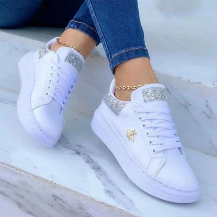 White Lace-Up Sneakers  Low-top Glitter Embellishment Casual Shoes