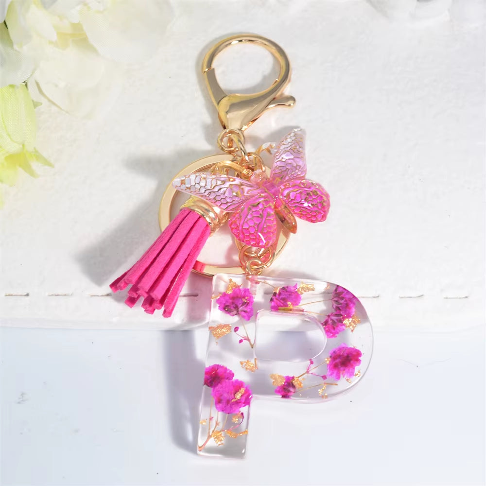 Exquisite Pink Dry Flower Resin 26 Initial Keychain Butterfly Tassel Pendant |  Valentine's Day Gift