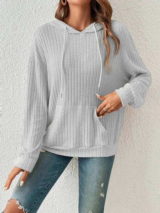 Drawstring Long-sleeved Hooded Sweatshirt With Pockets Solid Sunken Stripe Hoodie Knitwear Womens Clothing