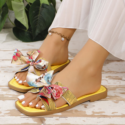 Ribbon Bow Sandals Summer New Square Toe Low Heel Sandal For Women - Mari’Anna Tees