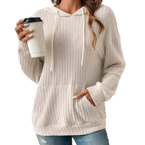 Drawstring Long-sleeved Hooded Sweatshirt With Pockets Solid Sunken Stripe Hoodie Knitwear Womens Clothing