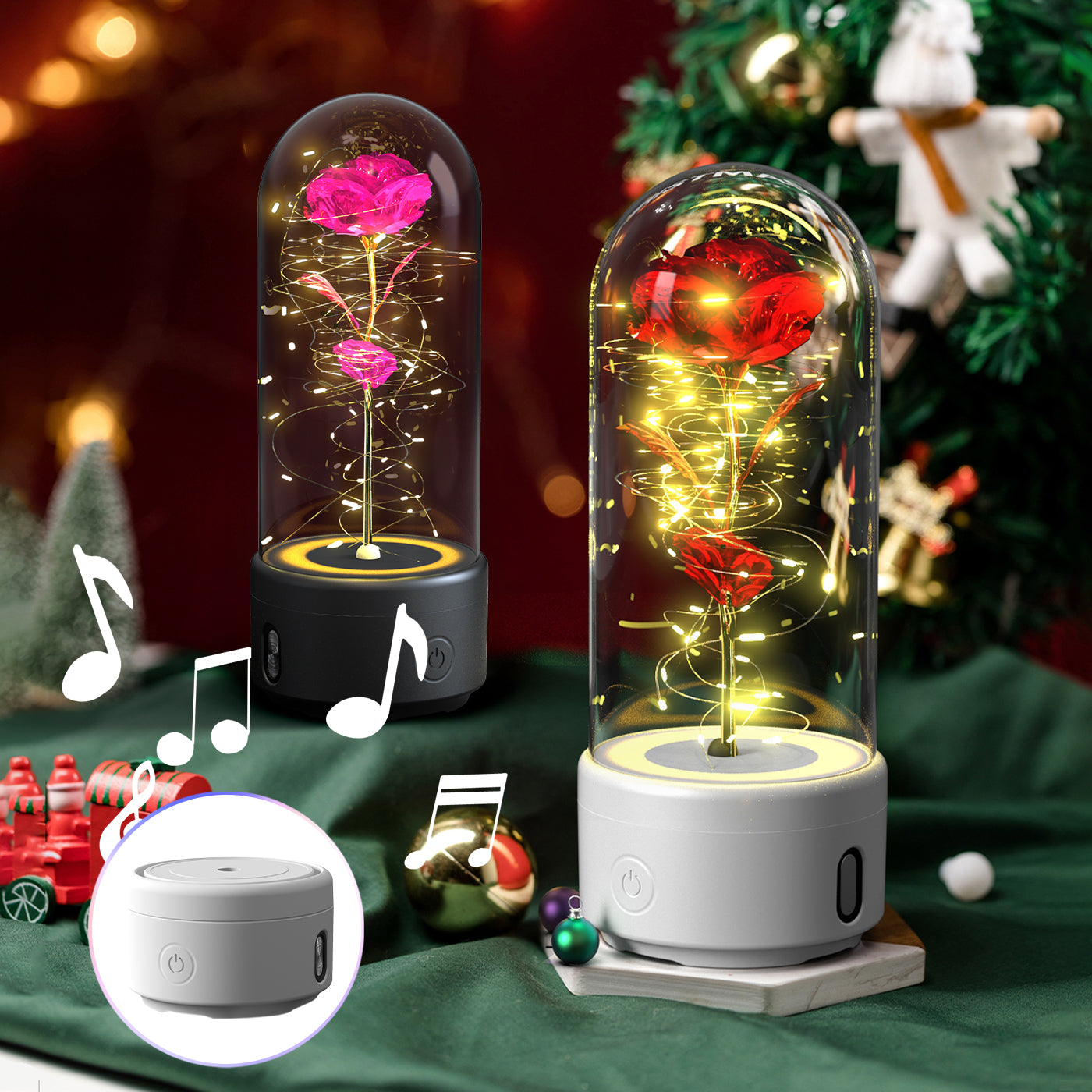 Creative 2 In 1 Glass Rose Flower LED Light And Bluetooth Speaker 