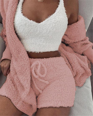 3pcs Women’s Clothing Cropped Tank Top And Drawstring Shorts Fluffy Pajama Set