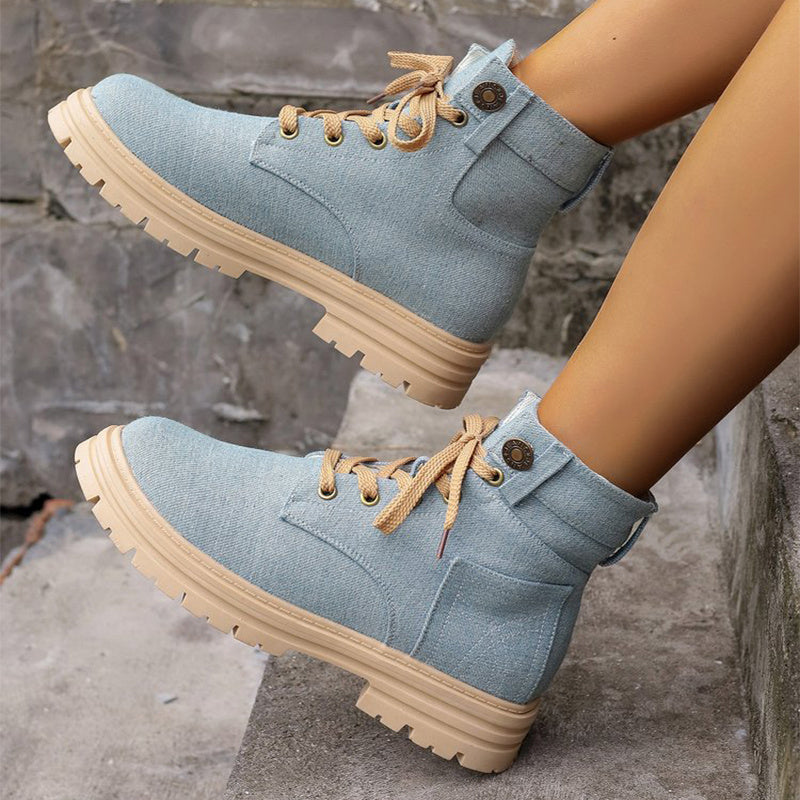 Lace-up Denim Ankle Boots Women Fashion Platform Cowboy Boots Casual Fashion Autumn Winter Round Toe Shoes - Mari’Anna Tees