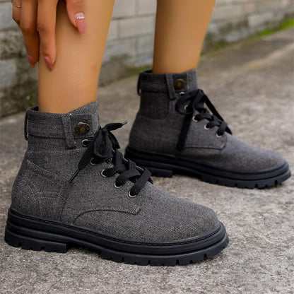 Lace-up Denim Ankle Boots Women Fashion Platform Cowboy Boots Casual Fashion Autumn Winter Round Toe Shoes - Mari’Anna Tees