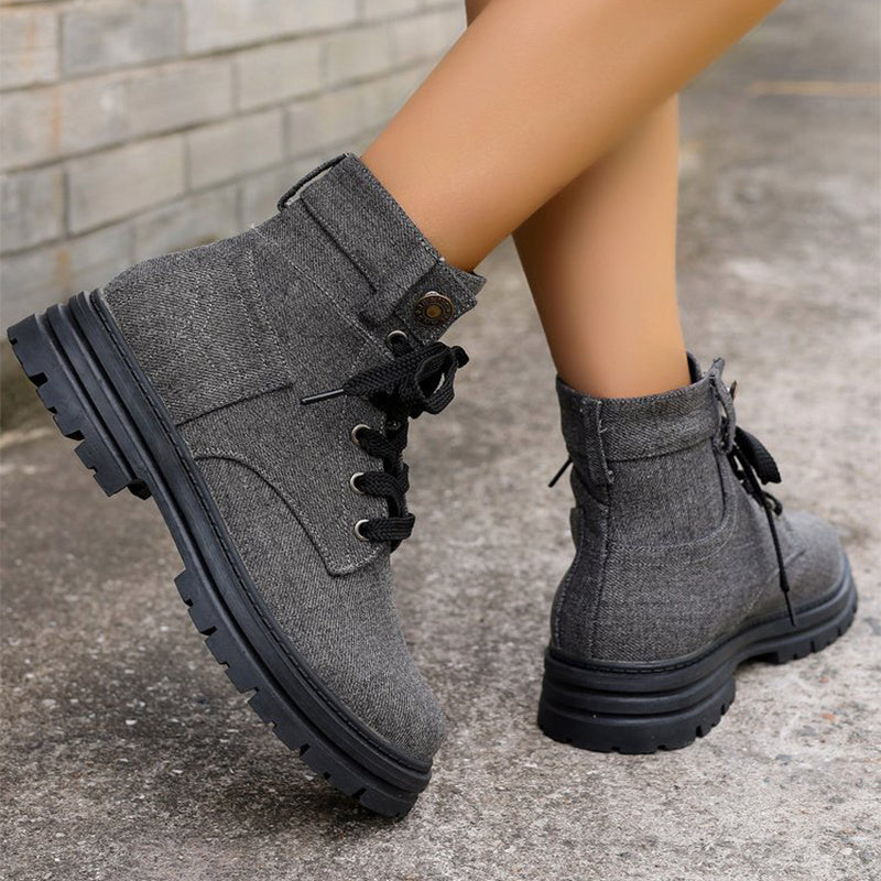 Lace-up Denim Ankle Boots Women Fashion Platform Cowboy Boots Casual Fashion Autumn Winter Round Toe Shoes - Mari’Anna Tees