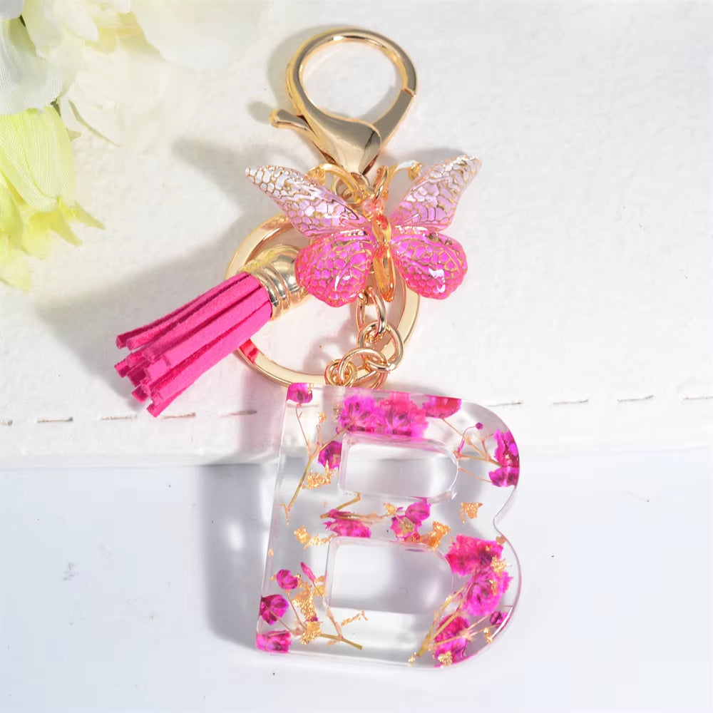 Exquisite Pink Dry Flower Resin 26 Initial Keychain Butterfly Tassel Pendant |  Valentine's Day Gift