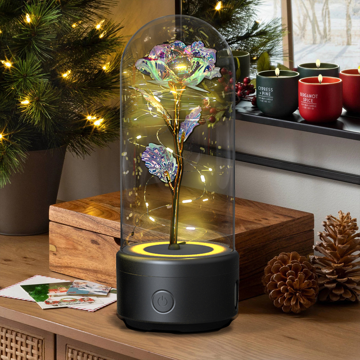 Creative 2 In 1 Glass Rose Flower LED Light And Bluetooth Speaker 