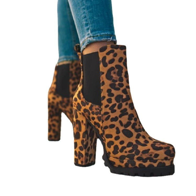 Round-Toe Leopard Print Ankle Boots with Thick Heel - Mari’Anna Tees