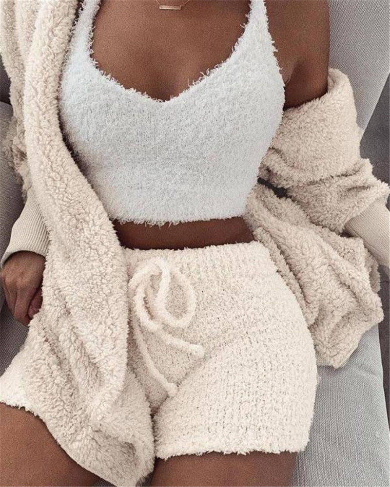 3pcs Women’s Clothing Cropped Tank Top And Drawstring Shorts Fluffy Pajama Set - Mari’Anna Tees