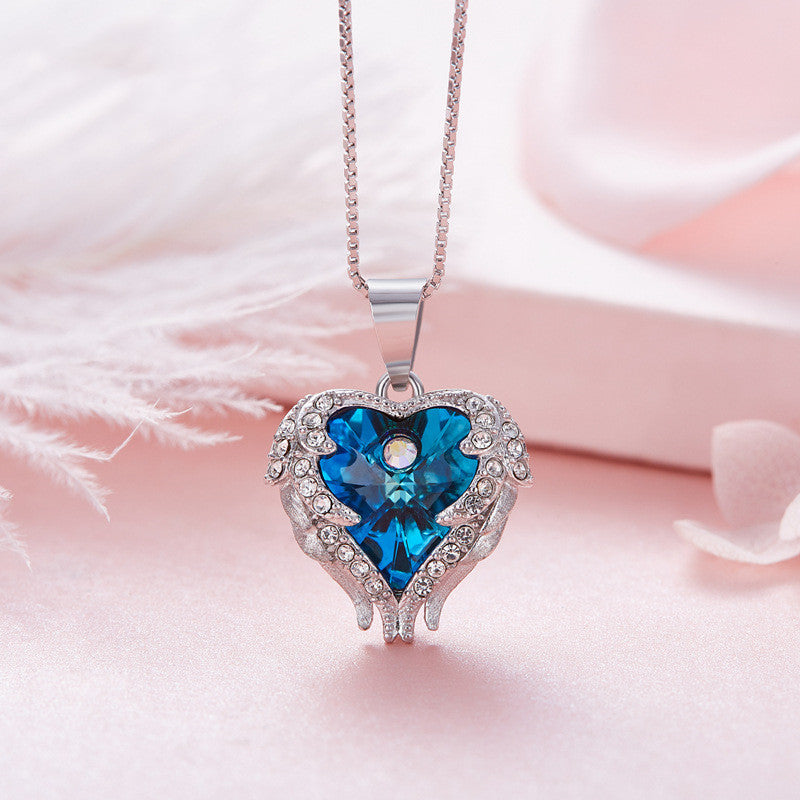 Angel Wing Necklace Ocean Heart Crystal Pendant