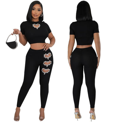 Women's Fashion Rhinestone Embellishment Short-sleeved 2 Piece Pants Set - Mari’Anna Tees