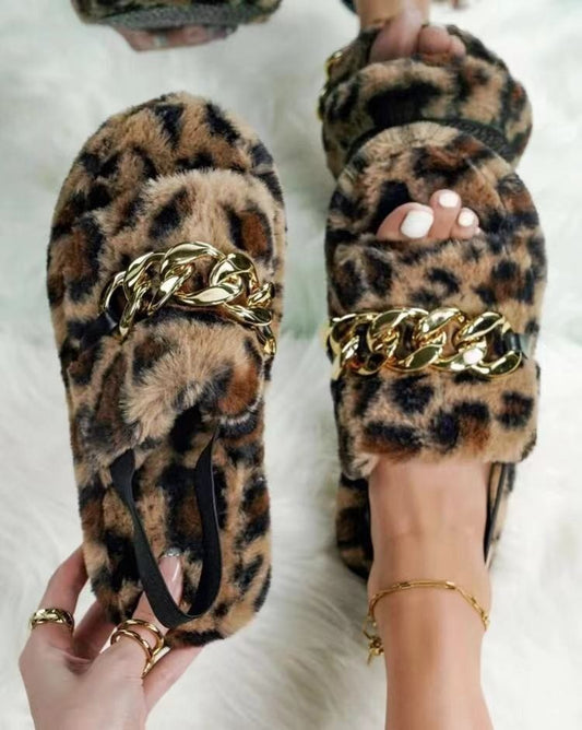 Leopard Print Casual Flat Metal Chain Leopard Print Plush Slippers