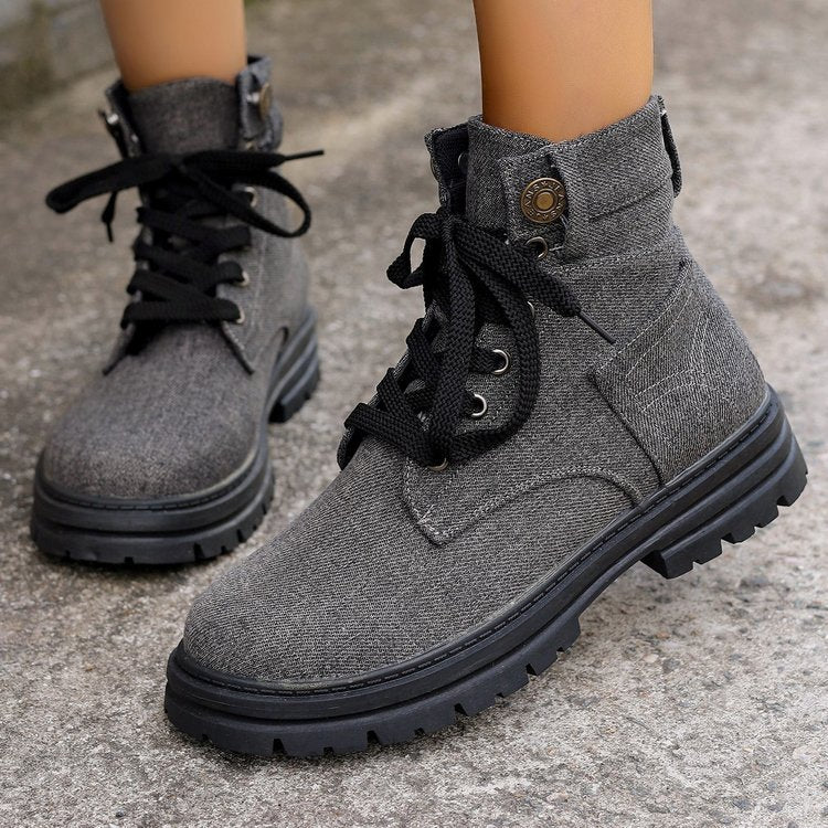 Lace-up Denim Ankle Boots Women Fashion Platform Cowboy Boots Casual Fashion Autumn Winter Round Toe Shoes - Mari’Anna Tees