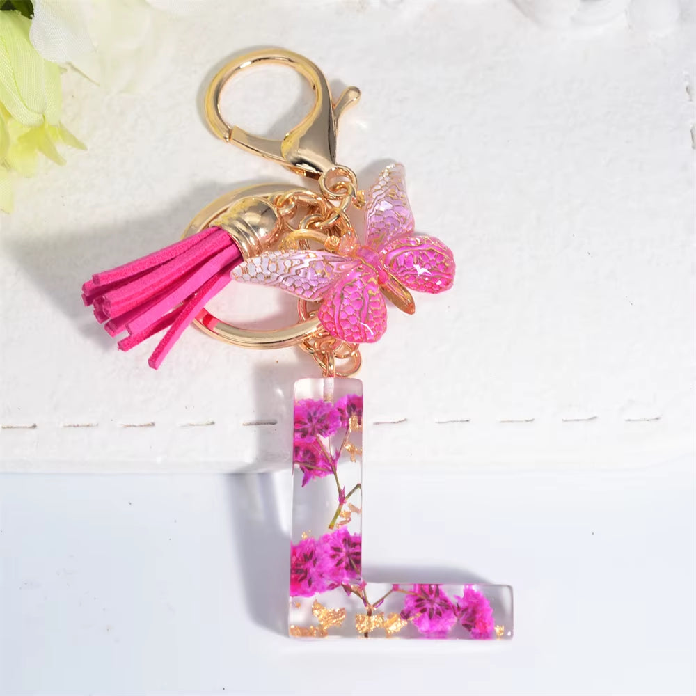 Exquisite Pink Dry Flower Resin 26 Initial Keychain Butterfly Tassel Pendant |  Valentine's Day Gift