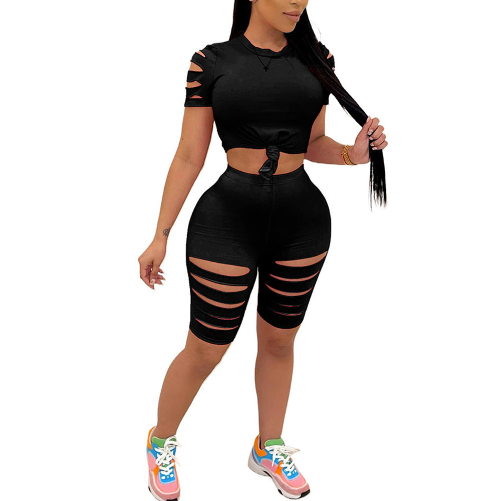 Fashion Casual Sports 2 piece Ripped Biker Shorts Set