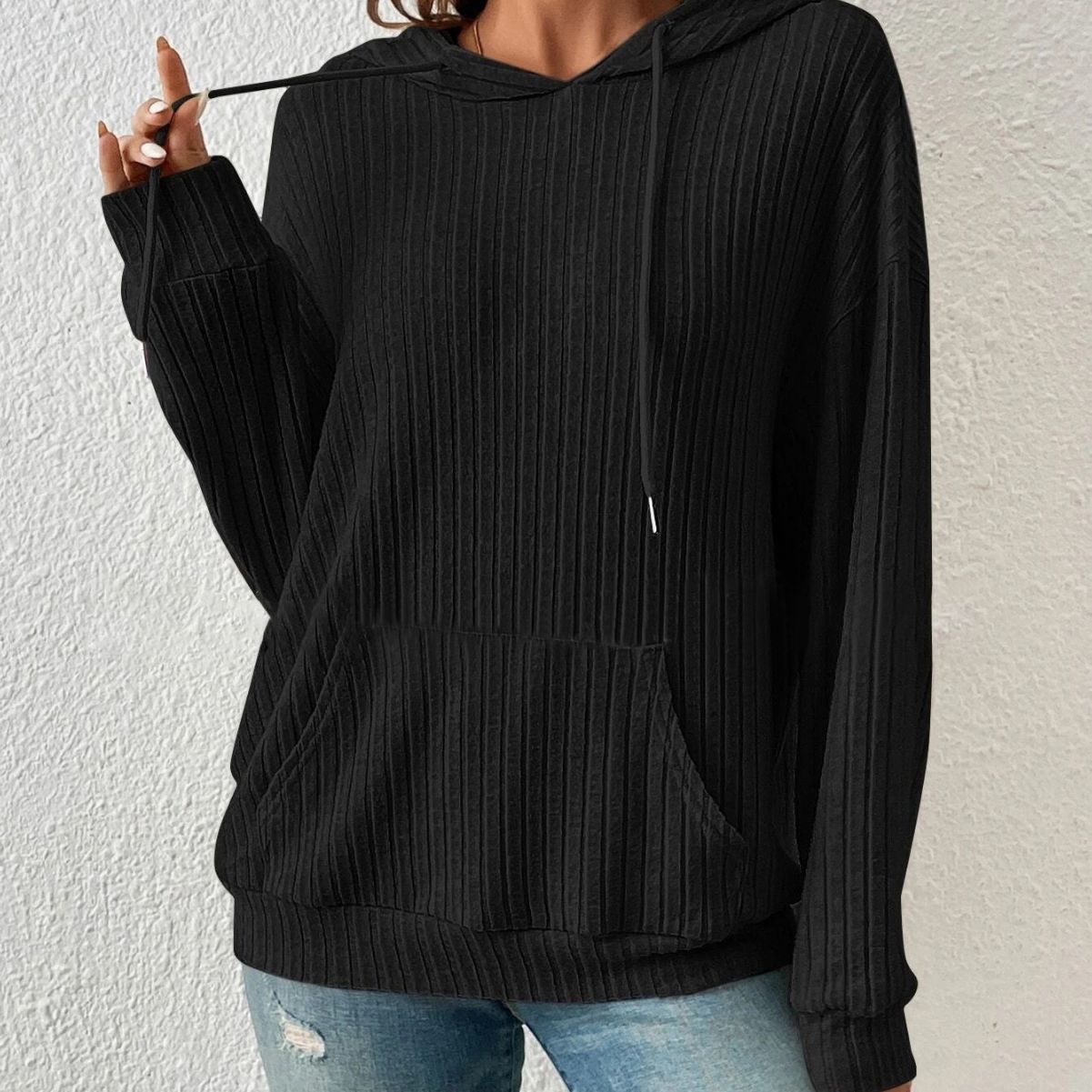 Drawstring Long-sleeved Hooded Sweatshirt With Pockets Solid Sunken Stripe Hoodie Knitwear Womens Clothing