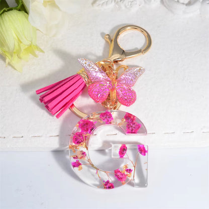 Exquisite Pink Dry Flower Resin 26 Initial Keychain Butterfly Tassel Pendant |  Valentine's Day Gift