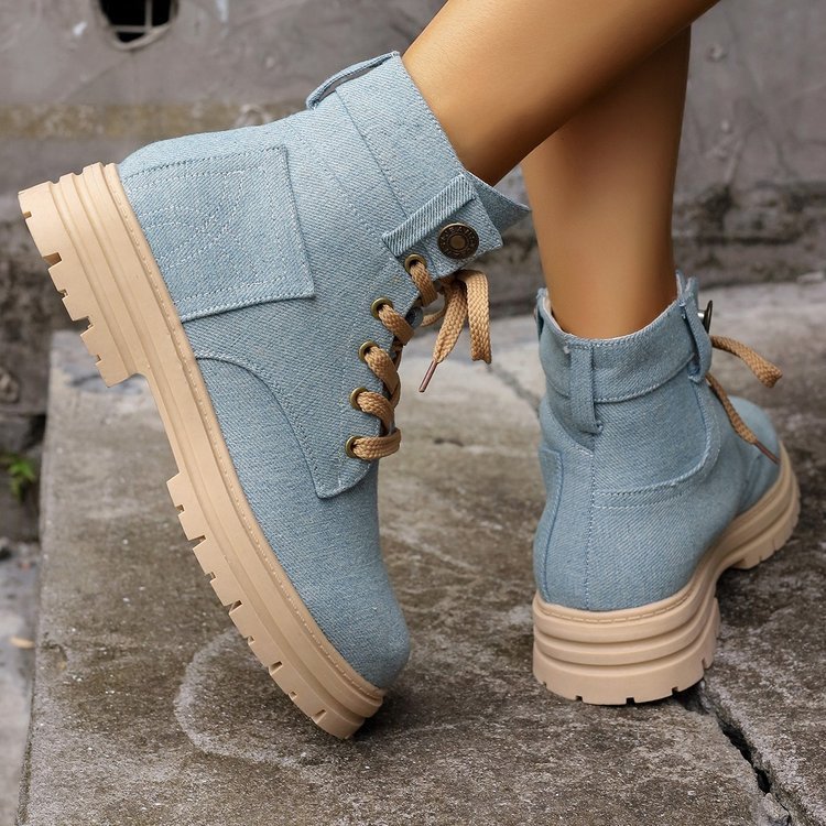 Lace-up Denim Ankle Boots Women Fashion Platform Cowboy Boots Casual Fashion Autumn Winter Round Toe Shoes - Mari’Anna Tees