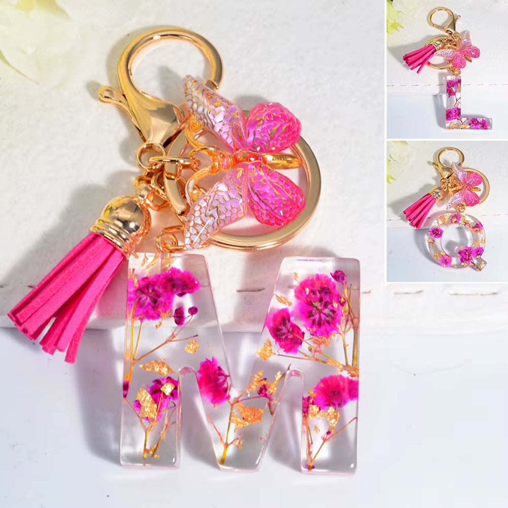 Exquisite Pink Dry Flower Resin 26 Initial Keychain Butterfly Tassel Pendant |  Valentine's Day Gift