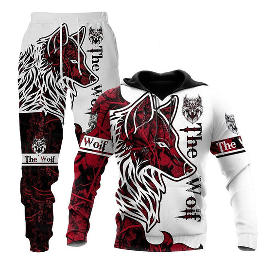 3D Wolf Print 2 Piece Hooded Tracksuit Mens Sportswear 