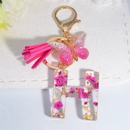 Exquisite Pink Dry Flower Resin 26 Initial Keychain Butterfly Tassel Pendant |  Valentine's Day Gift