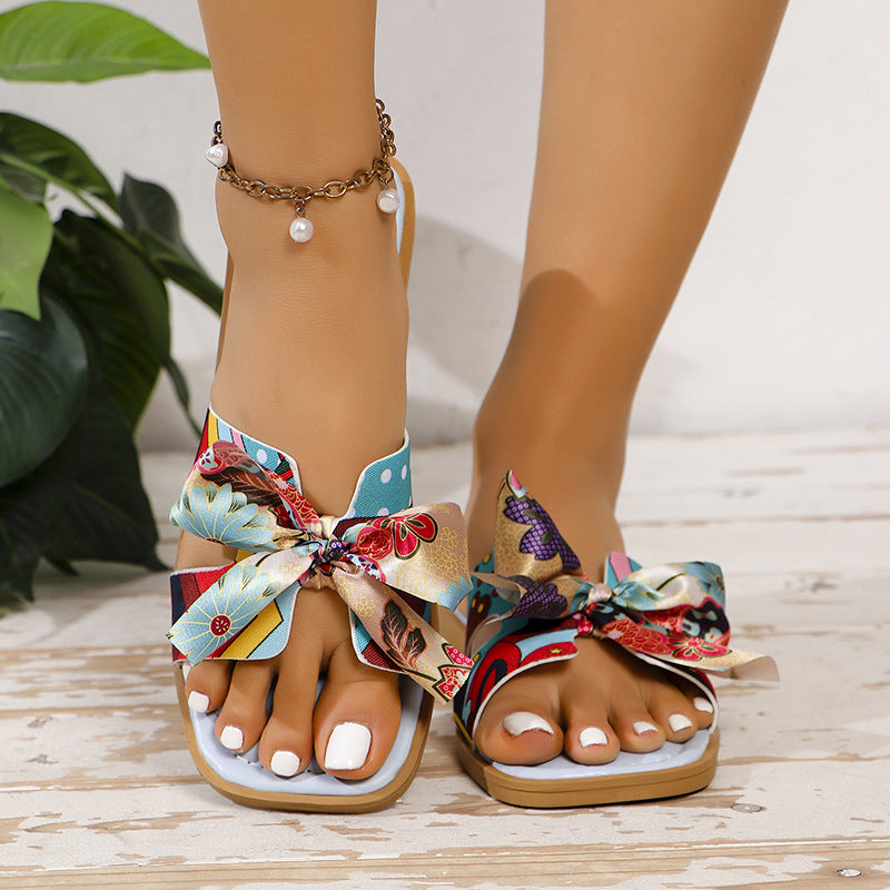 Ribbon Bow Sandals Summer New Square Toe Low Heel Sandal For Women - Mari’Anna Tees