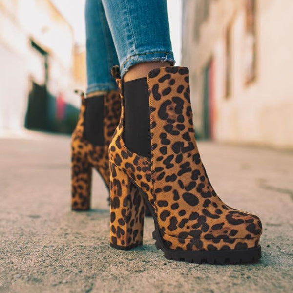 Round-Toe Leopard Print Ankle Boots with Thick Heel