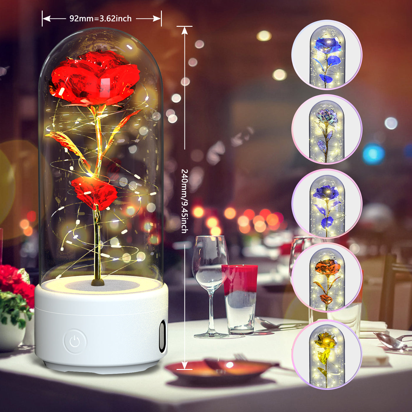 Creative 2 In 1 Glass Rose Flower LED Light And Bluetooth Speaker 