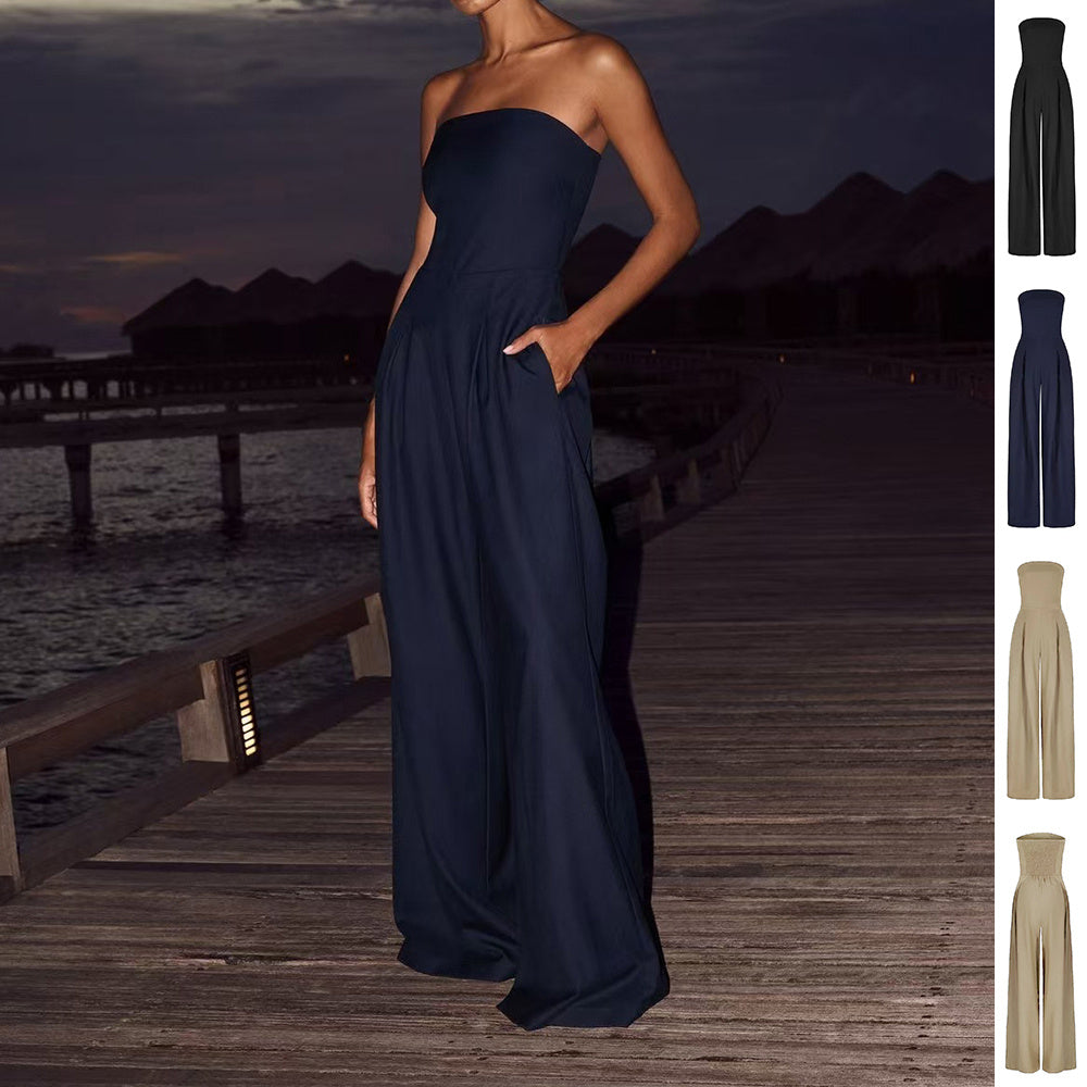 Effortless Wide-Leg Smocked Strapless Jumpsuit