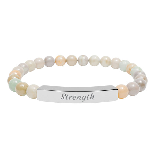 Strength Natural Stone Bracelet with Engraved Stainless-Steel Bar – Grounding Men’s & Women’s Stretch Bracelet