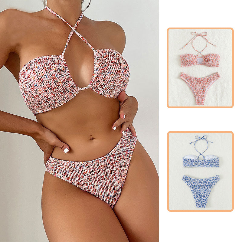 Summer Flowers Print Pleated Design Bikini Set