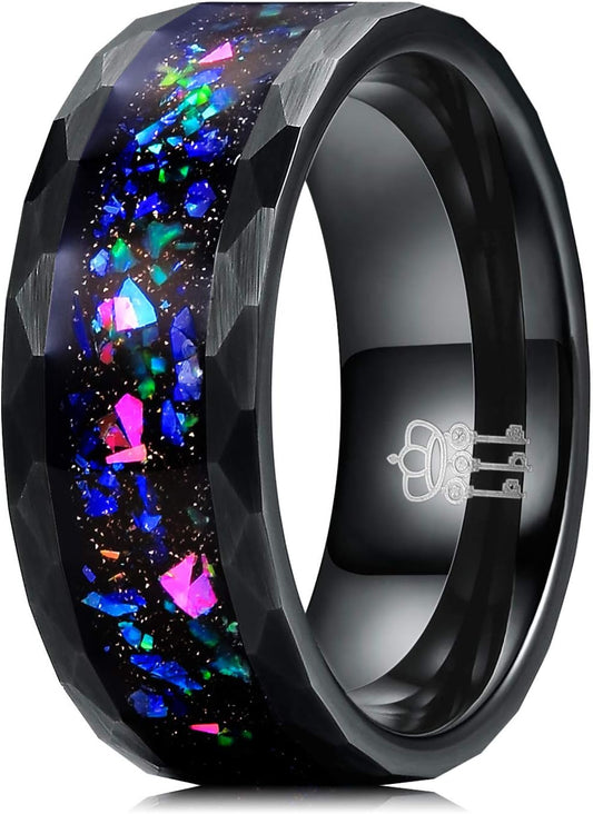 "Check out these stunning Galaxy Series Tungsten Rings with Created-Opal Inlay! Perfect for both men and women. 💫💍 #WeddingBands"