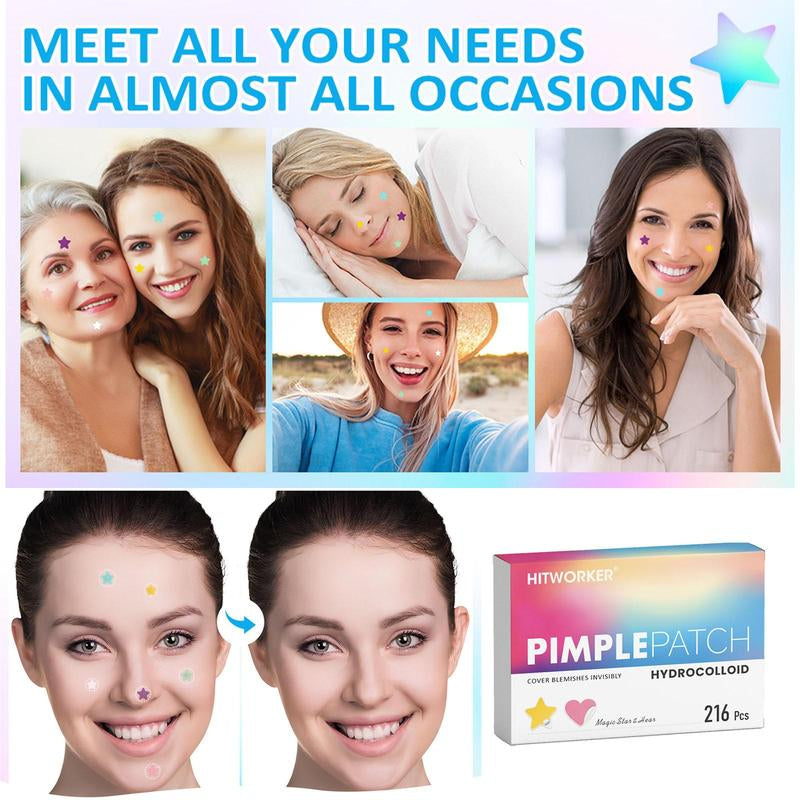 Star & Heart Shaped Hydrocolloid Pimple Patch, 216Pcs/Box Easy to Peel Acne Cover Sticker, Facial Skin Care Accessories for All Skin Types