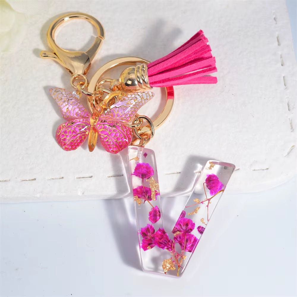 Exquisite Pink Dry Flower Resin 26 Initial Keychain Butterfly Tassel Pendant |  Valentine's Day Gift