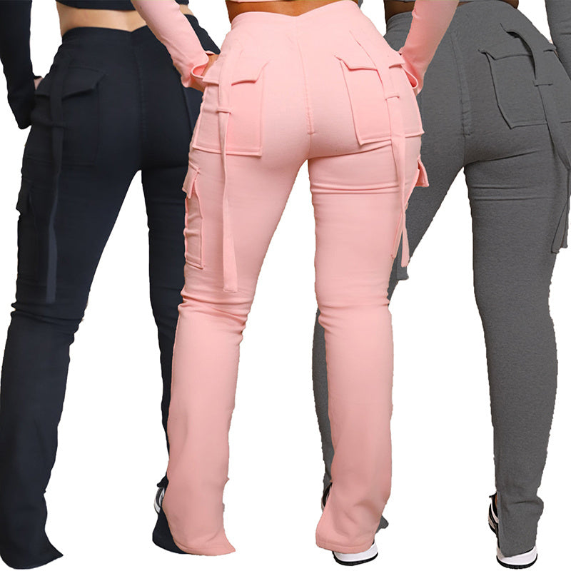 Ladies High Waist Wide Leg Cargo Pants With Pockets & Drawstring - Mari’Anna Tees