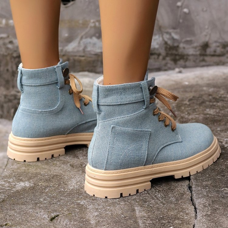 Lace-up Denim Ankle Boots Women Fashion Platform Cowboy Boots Casual Fashion Autumn Winter Round Toe Shoes - Mari’Anna Tees