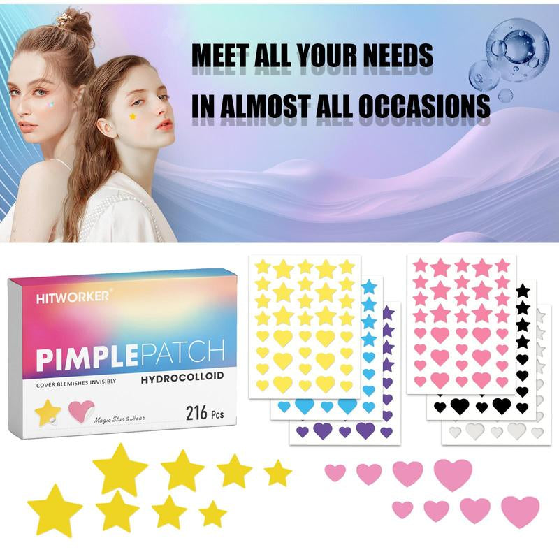 Star & Heart Shaped Hydrocolloid Pimple Patch, 216Pcs/Box Easy to Peel Acne Cover Sticker, Facial Skin Care Accessories for All Skin Types
