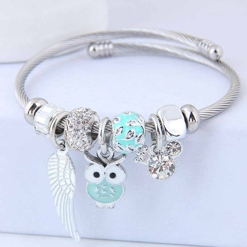 Beaded Owl Angel Wings Pendant Charm Bracelet