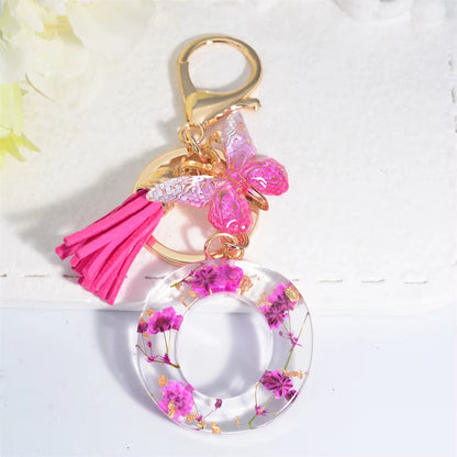 Exquisite Pink Dry Flower Resin 26 Initial Keychain Butterfly Tassel Pendant |  Valentine's Day Gift