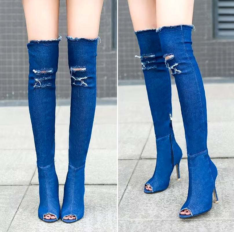 Denim Thigh High Winter Boots 