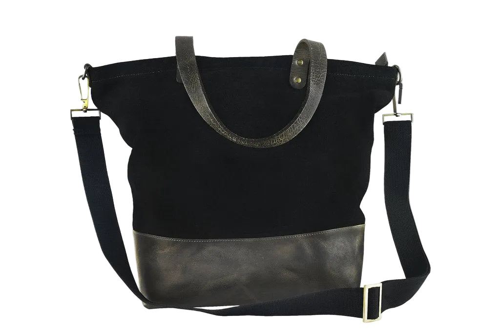 Kiko Black canvas and leather carryall tote with top handles and shoulder strap