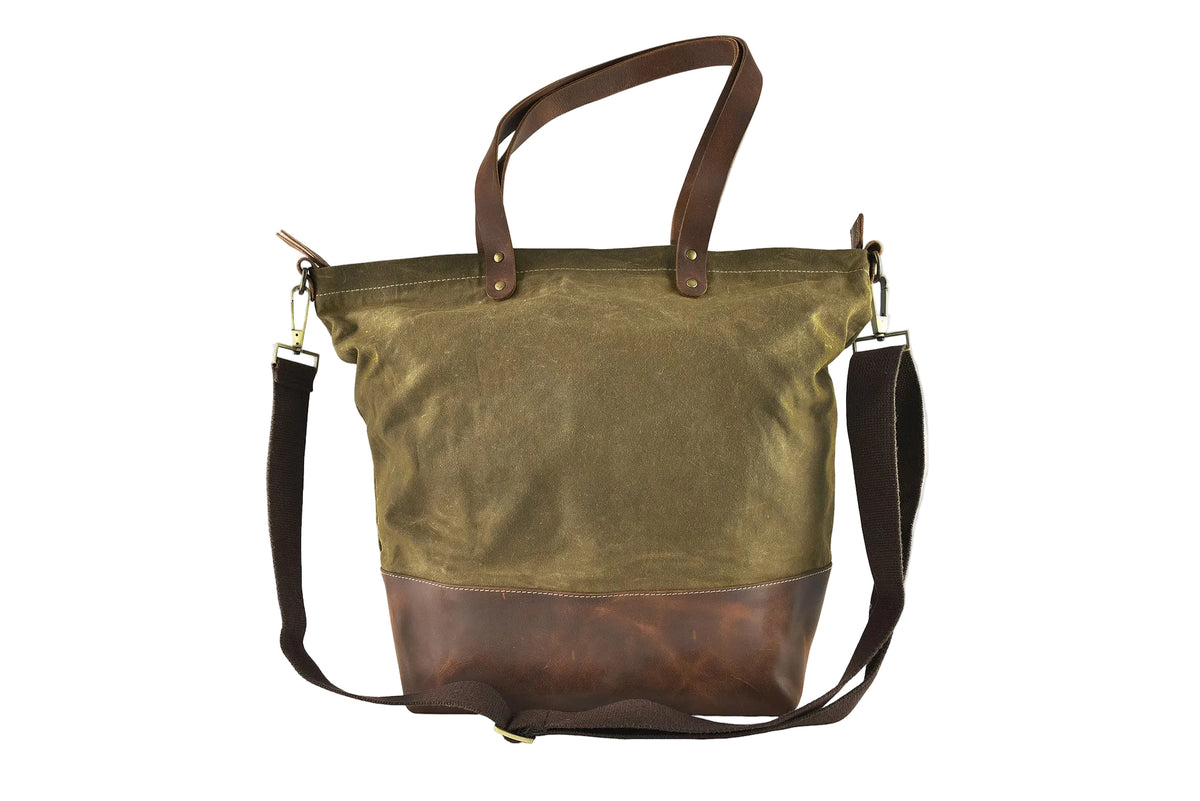 Kiko Olive canvas and brown leather carryall tote with top handles and removable shoulder strap