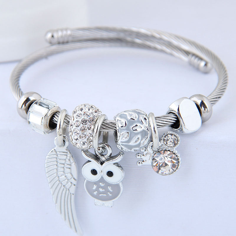 Beaded Owl Angel Wings Pendant Charm Bracelet